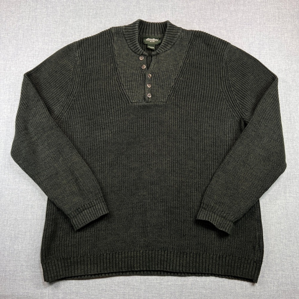 Eddie Bauer Cotton Henley Fisherman Knit Sweater Men‎ XXL Green Cotton Cabincore